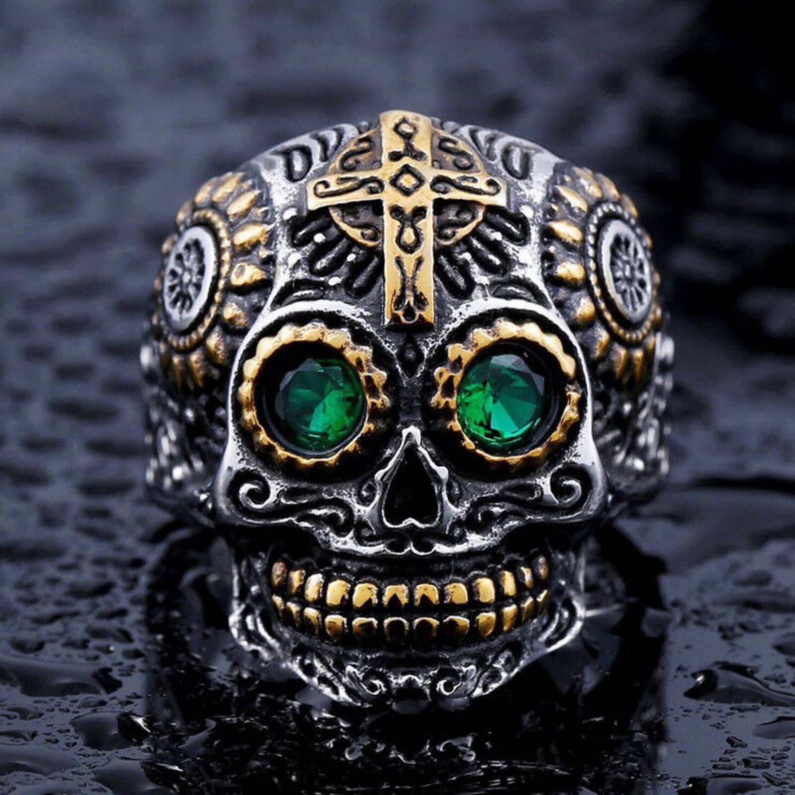 Green Crystals Skull Design Titanium Ring 22mm - Mens Rings Australia