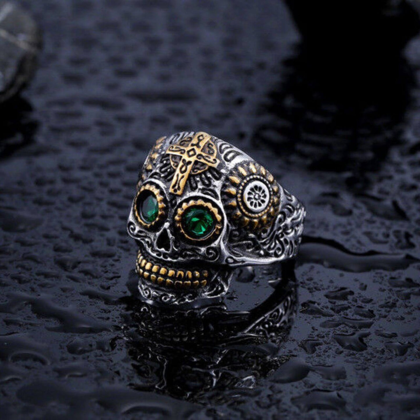 Green Crystals Skull Design Titanium Ring 22mm - Mens Rings Australia