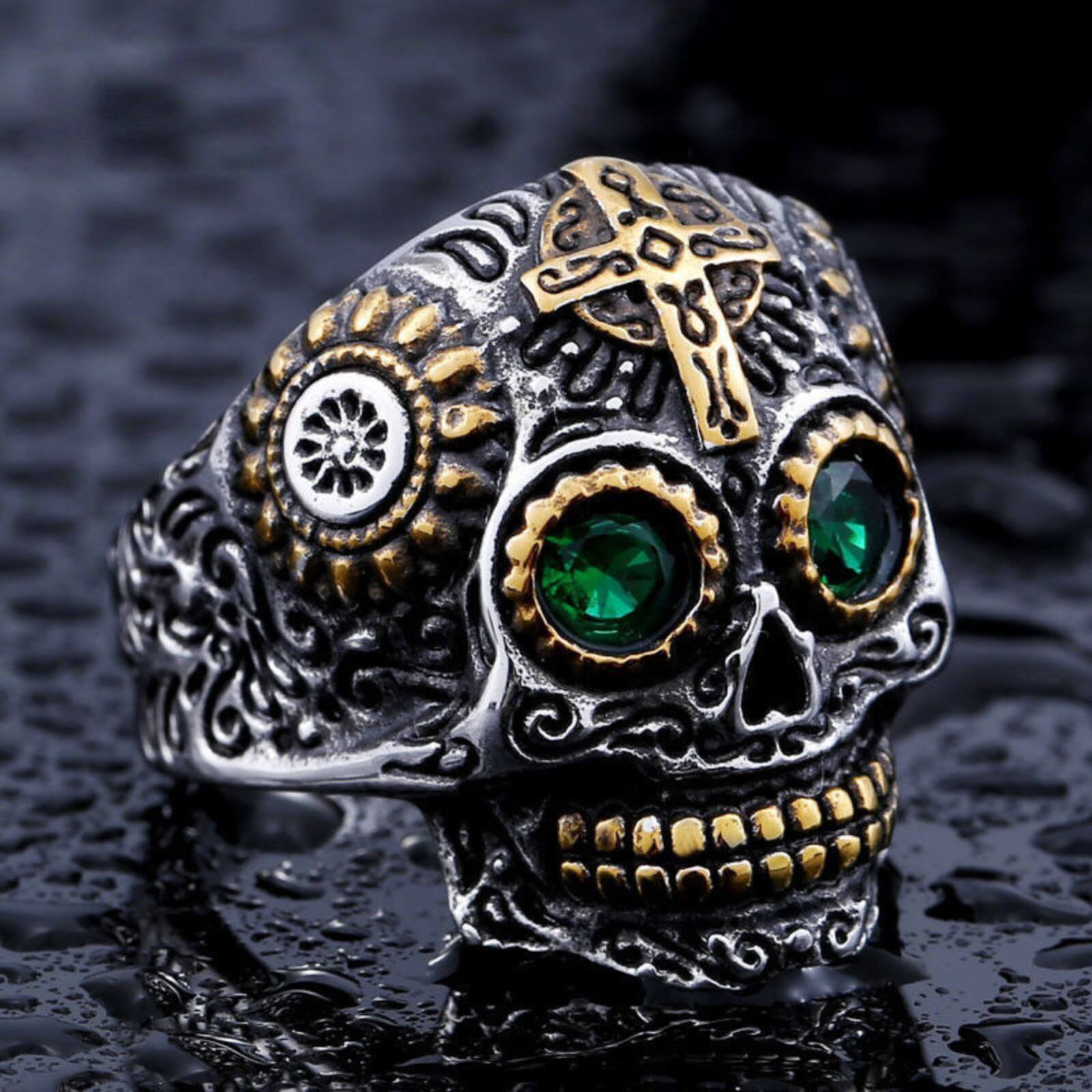 Green Crystals Skull Design Titanium Ring 22mm - Mens Rings Australia