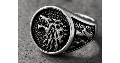 Black Wolf Head Silver Titanium Ring
