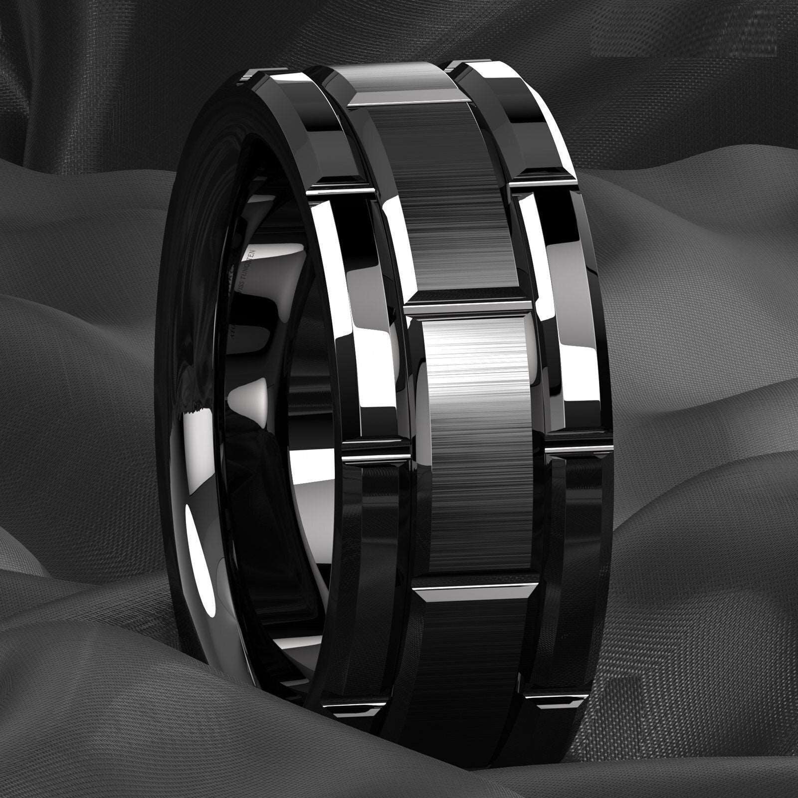 Black Brick Pattern Tungsten Ring (8mm) - Mens Rings Australia