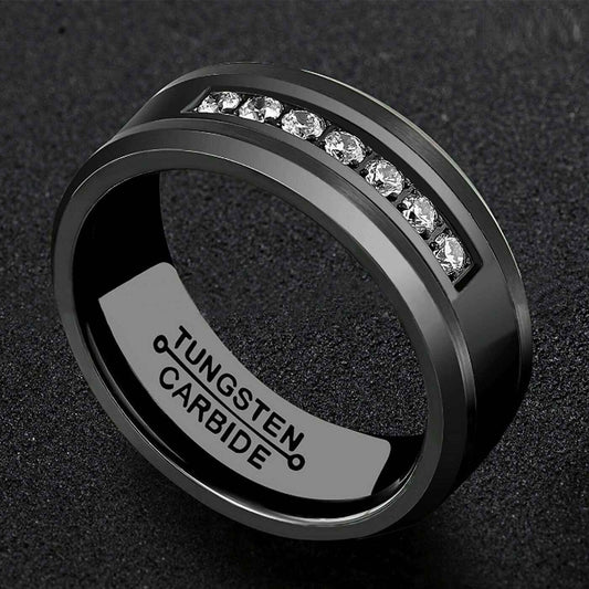 Black 7 Diamonds Tungsten Ring 8mm