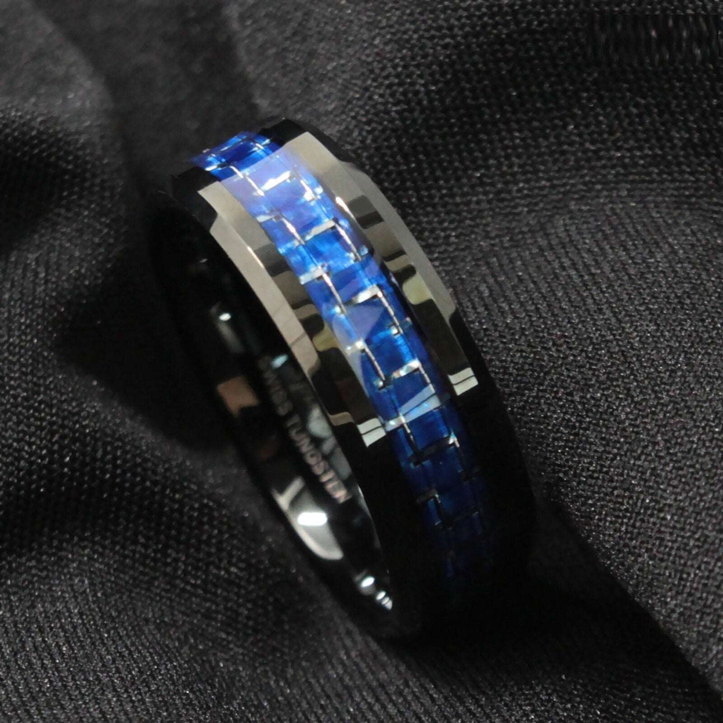 Black Blue Silver Tungsten Ring 8mm