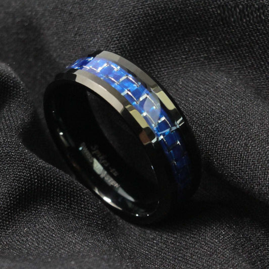 Black Blue Silver Tungsten Ring 8mm