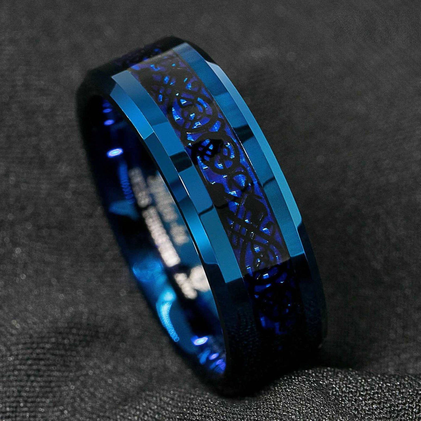 Blue Black Celtic Dragon Tungsten Ring (8mm)