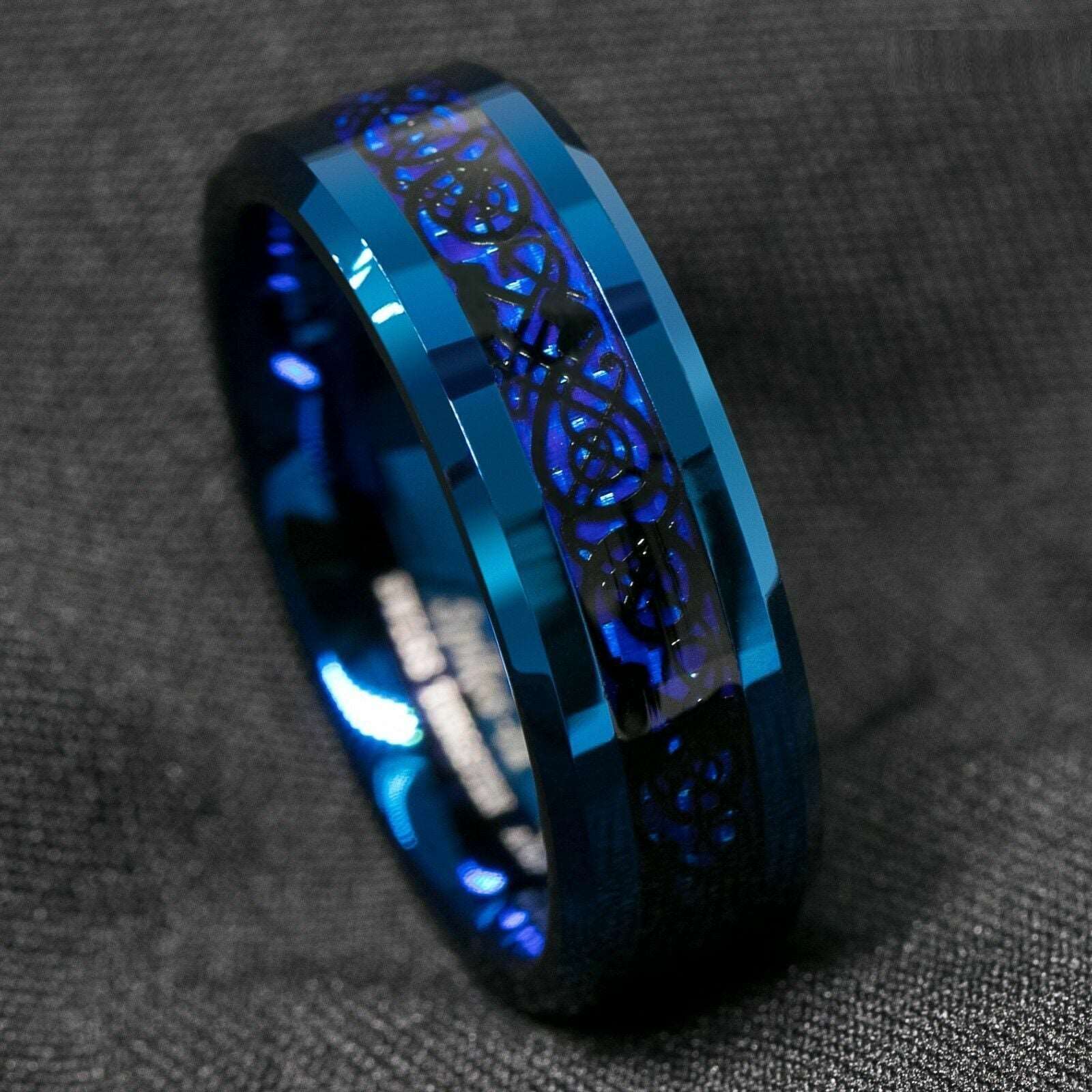 Blue Black Celtic Dragon Tungsten Ring (8mm)