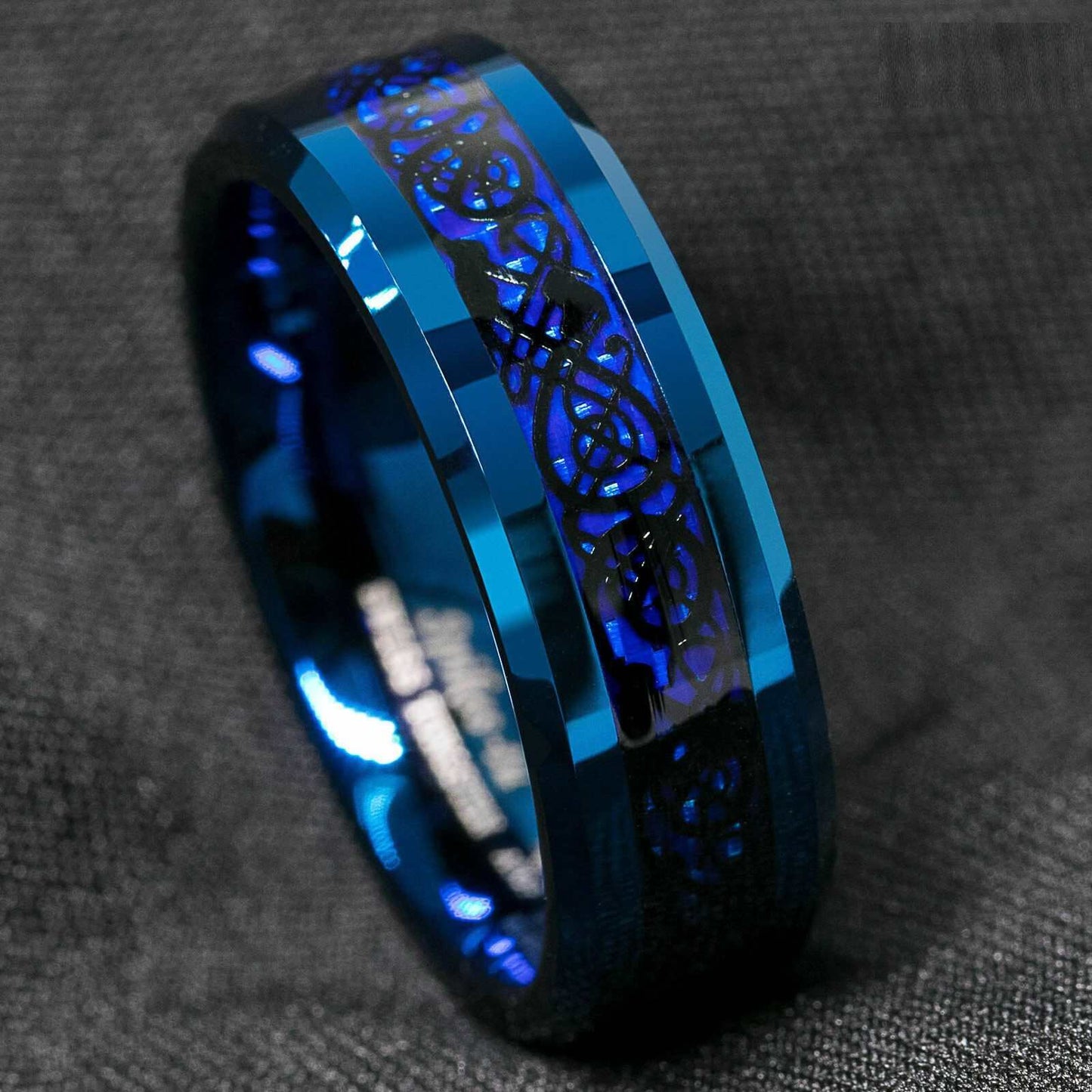 Blue Black Celtic Dragon Tungsten Ring (8mm)