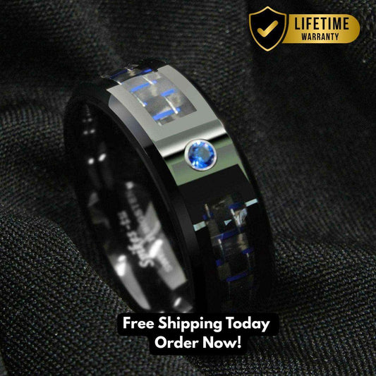 Black Blue Diamonds Tungsten Ring – men's tungsten carbide ring with stone accents