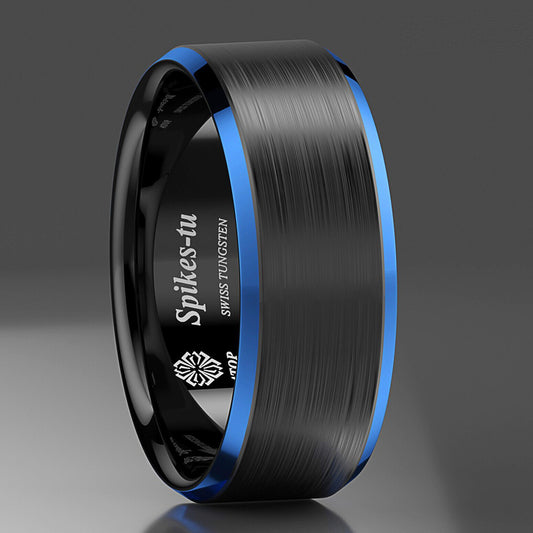 Black Brushed Blue Edge Tungsten Ring 8mm