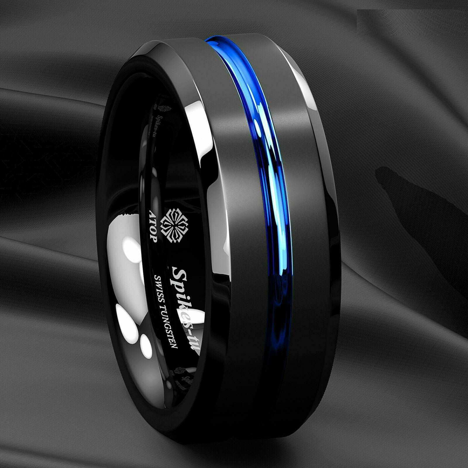 Blue Stripe Black Edge Tungsten Ring 8mm