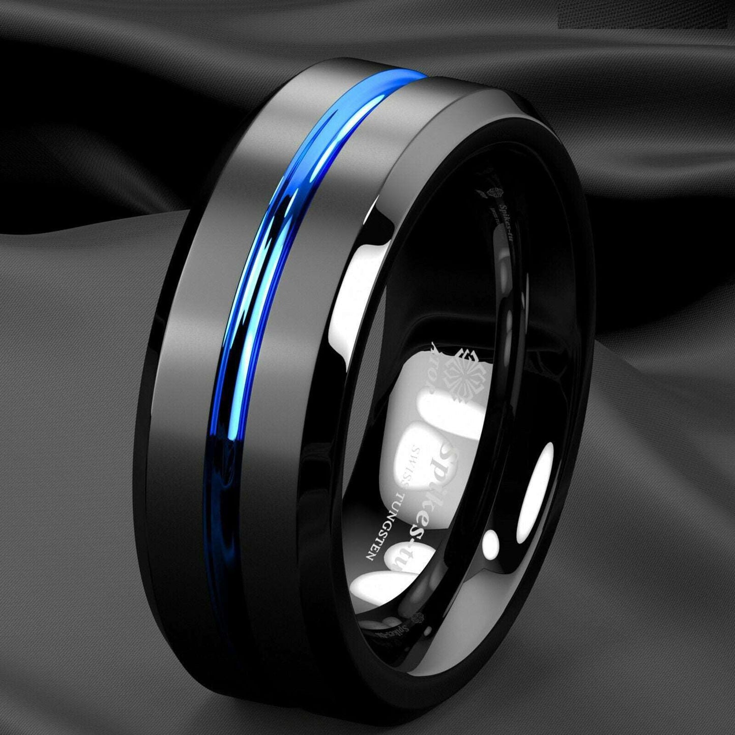 Blue Stripe Black Edge Tungsten Ring 8mm