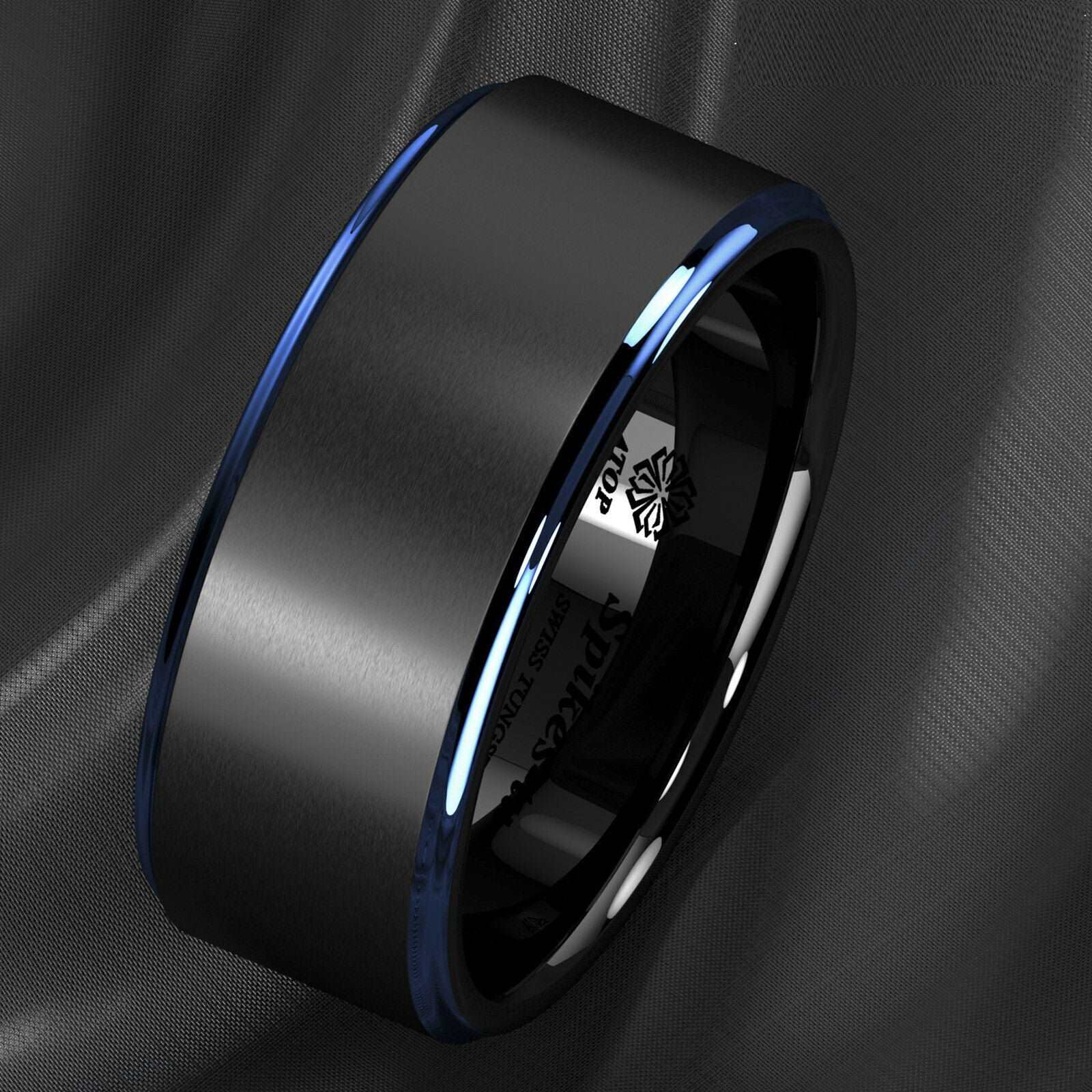 Black Brushed Blue Stripe Tungsten Ring (8mm)