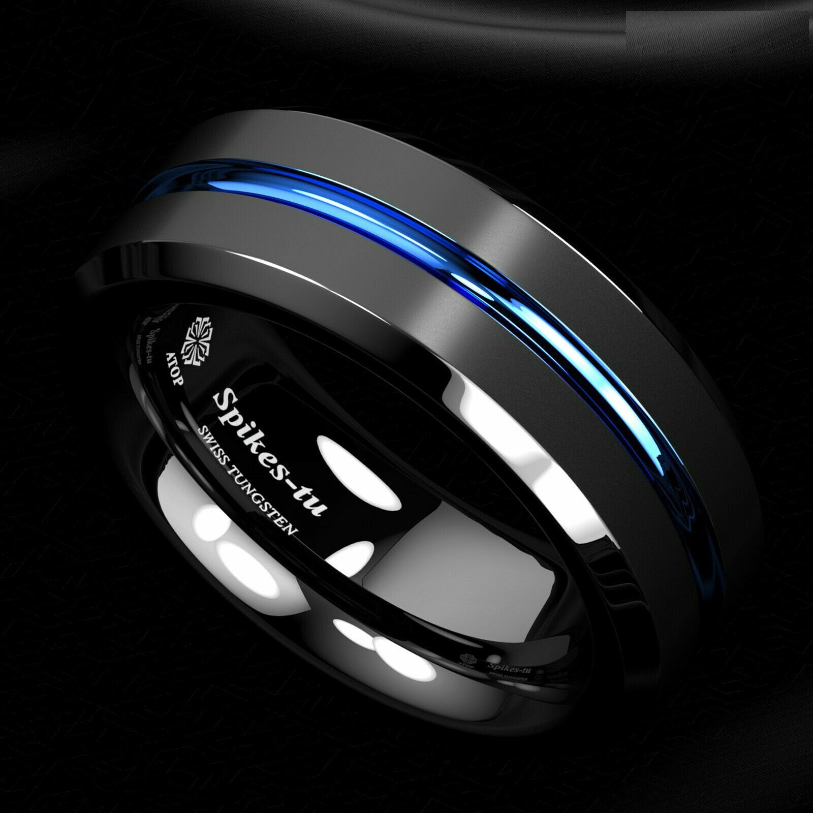 Blue Stripe Black Edge Tungsten Ring 8mm