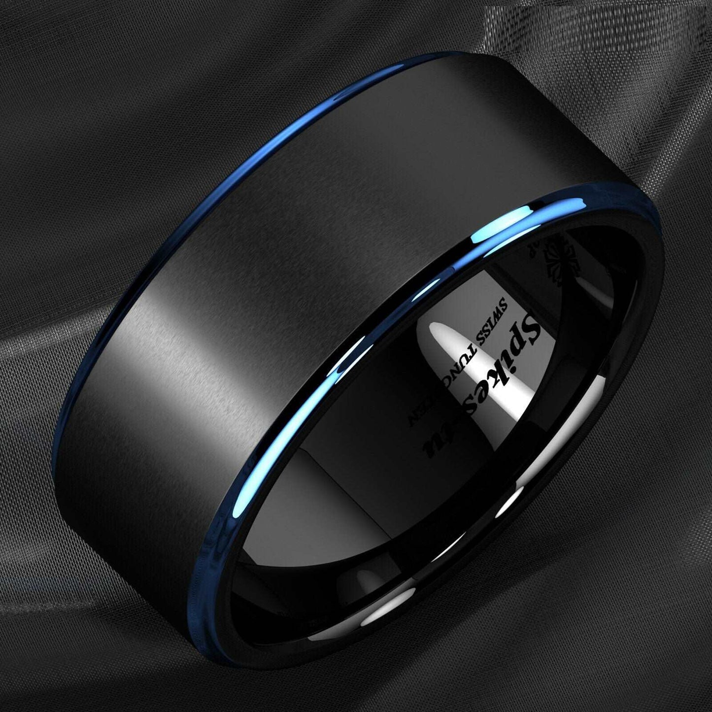 Black Brushed Blue Stripe Tungsten Ring (8mm)