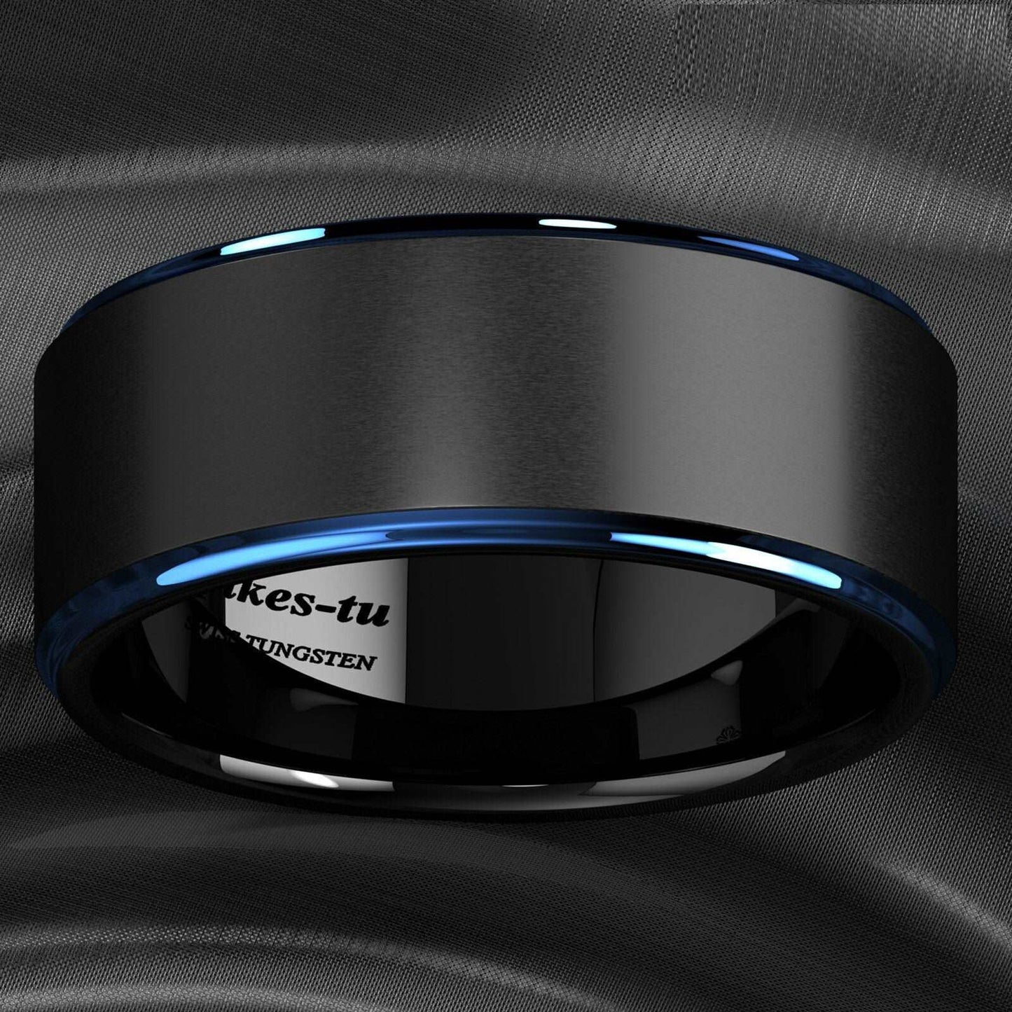 Black Brushed Blue Stripe Tungsten Ring (8mm)