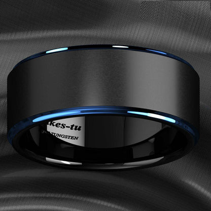 Black Brushed Blue Stripe Tungsten Ring (8mm)