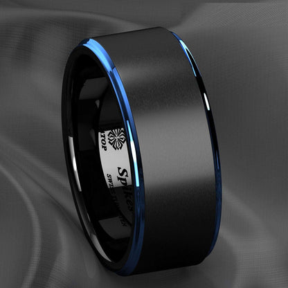 Black Brushed Blue Stripe Tungsten Ring (8mm)