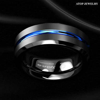 Blue Stripe Black Edge Tungsten Ring 8mm