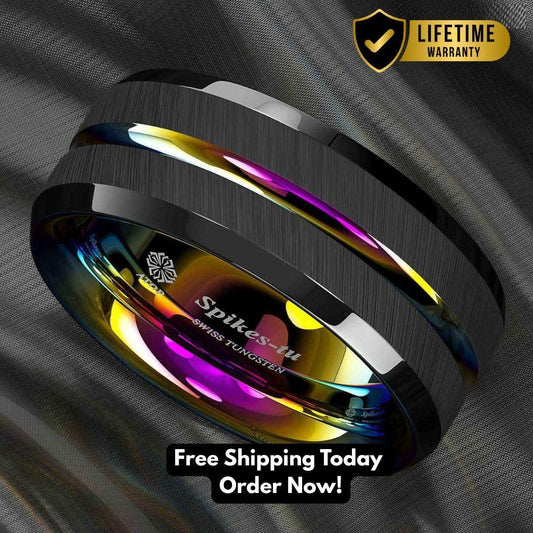 Black Brushed Rainbow Tungsten Ring 8mm – men's tungsten carbide ring