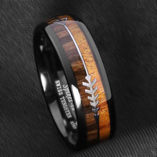 Black Wood Arrow Tungsten Ring 8mm – men's tungsten carbide ring with wood inlay