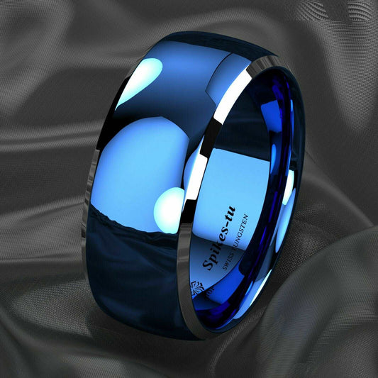 Blue Domed Silver Edges Tungsten Ring 8mm