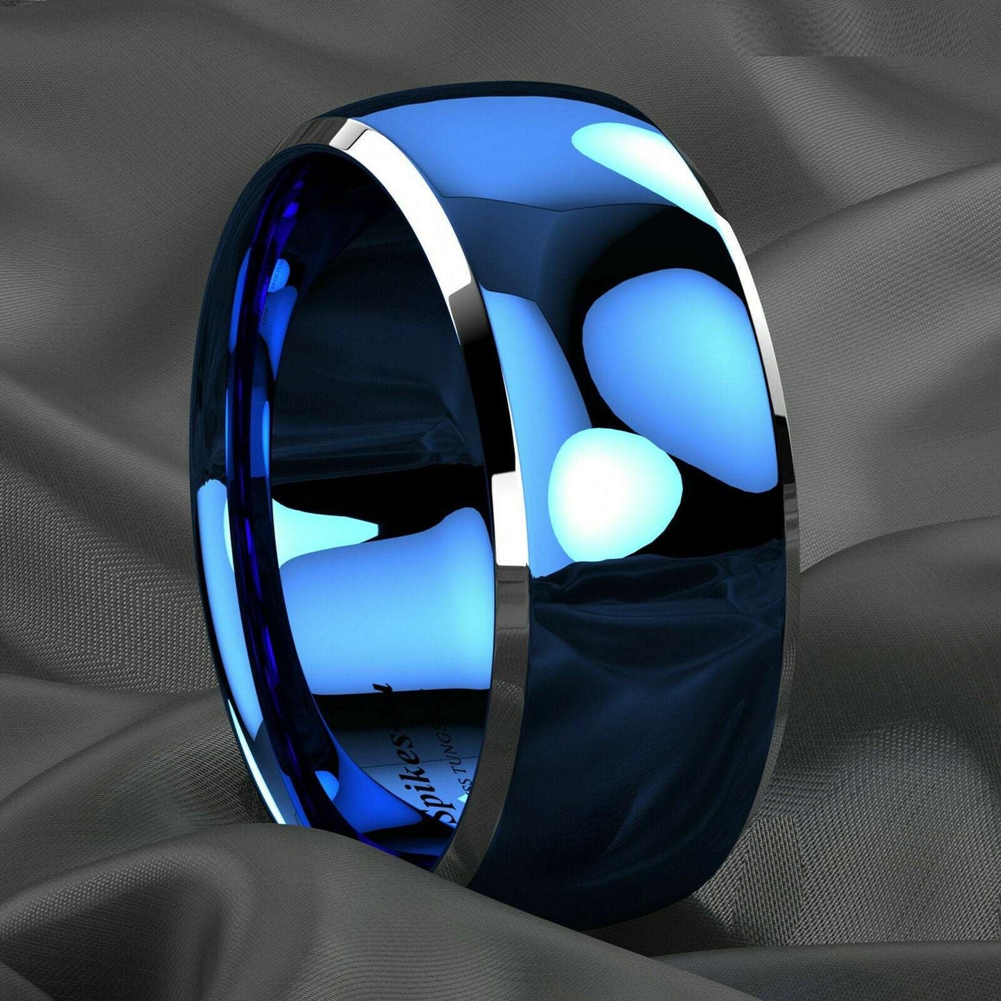 Blue Domed Silver Edges Tungsten Ring 8mm