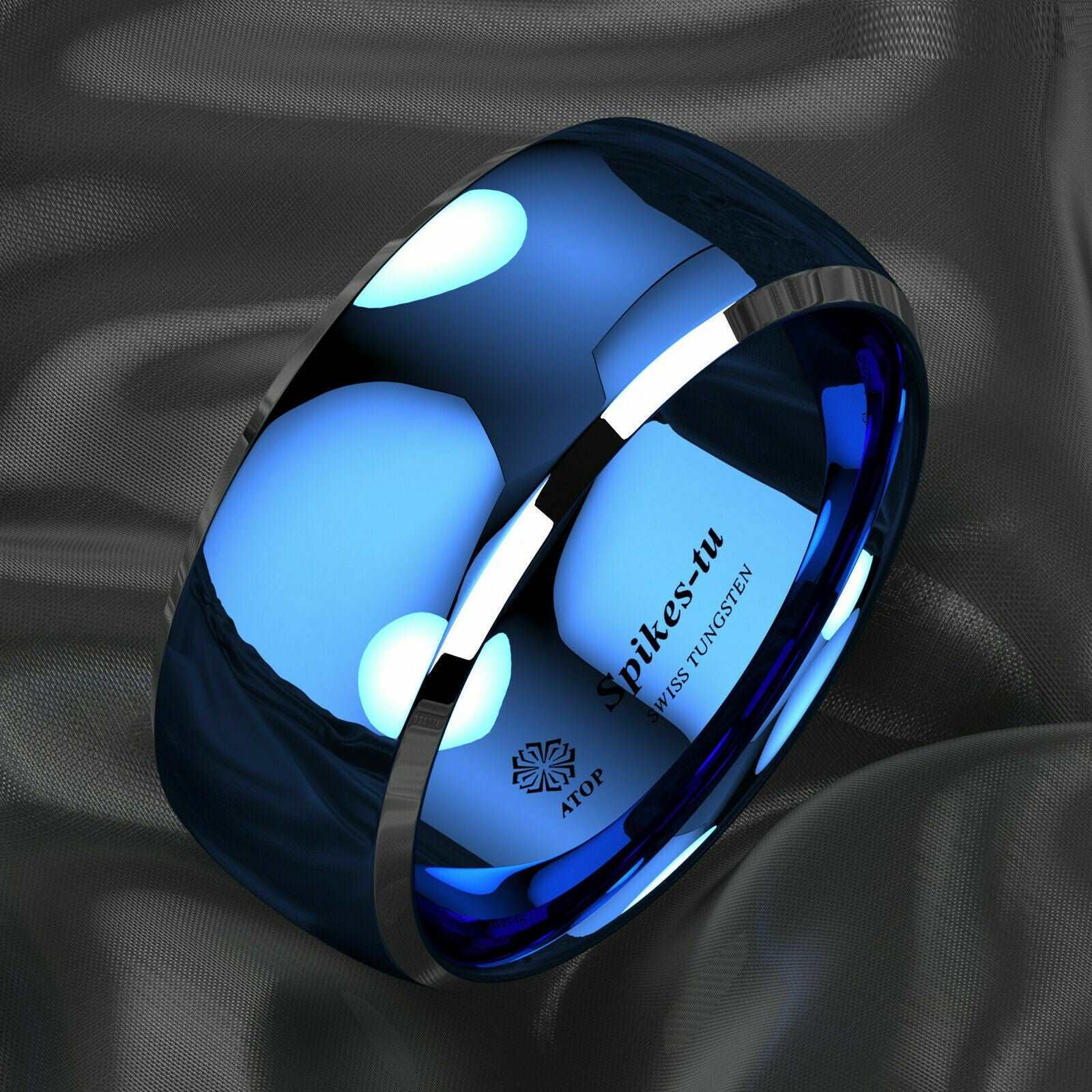 Blue Domed Silver Edges Tungsten Ring 8mm