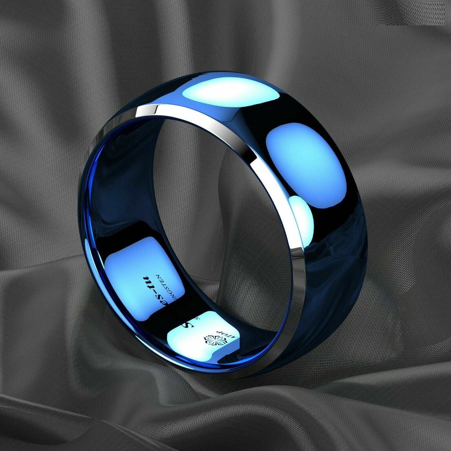 Blue Domed Silver Edges Tungsten Ring 8mm