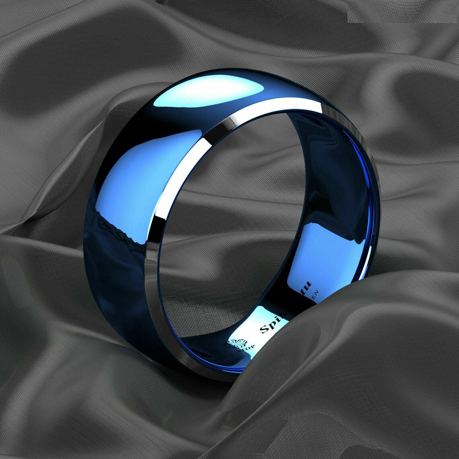 Blue Domed Silver Edges Tungsten Ring 8mm