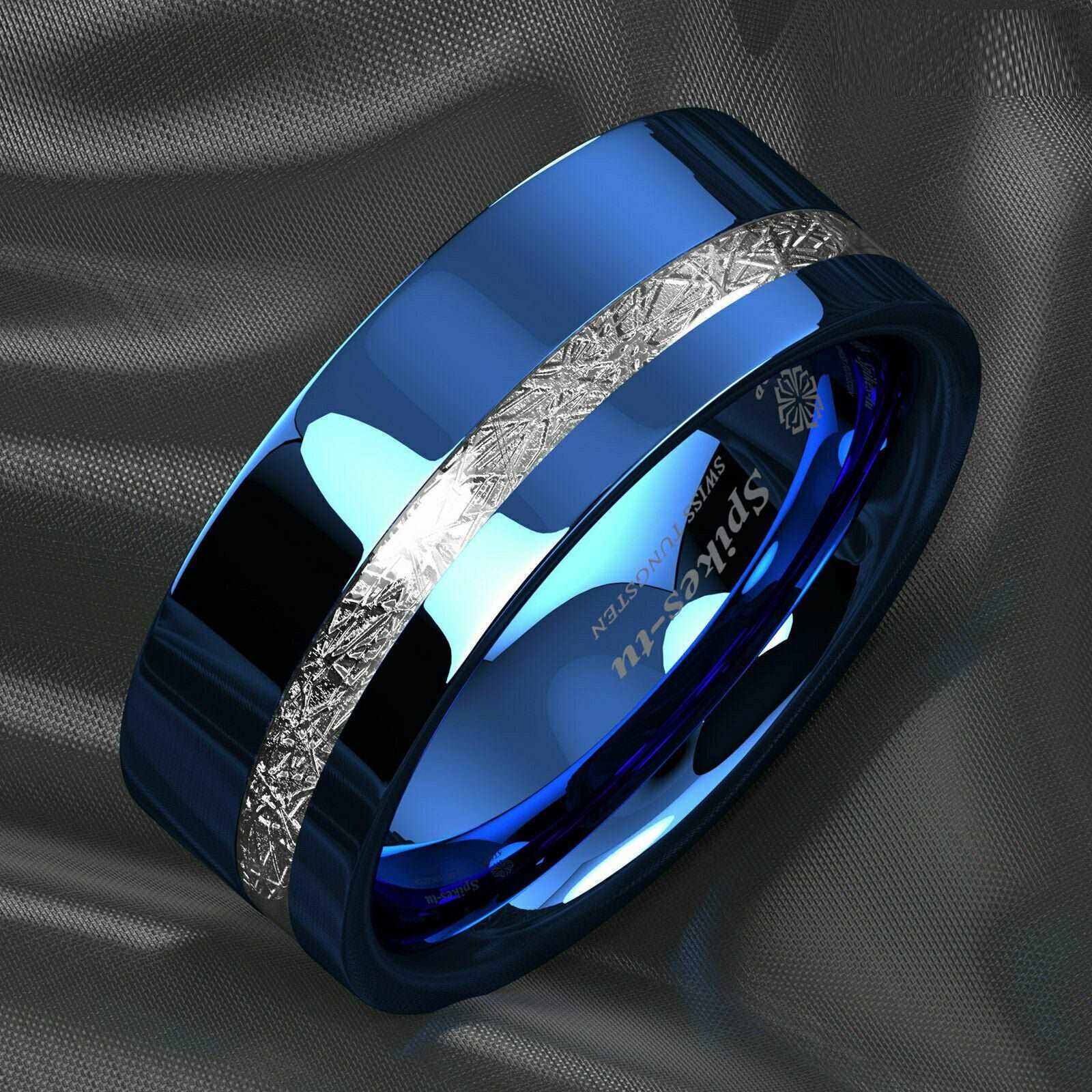 Blue Silver Inlay Tungsten Ring 8mm