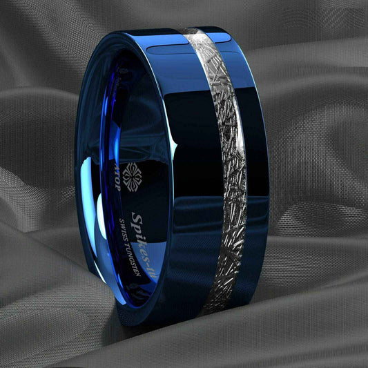 Blue Silver Inlay Tungsten Ring 8mm