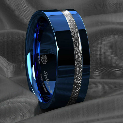 Blue Silver Inlay Tungsten Ring 8mm