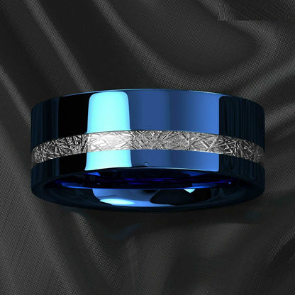 Blue Silver Inlay Tungsten Ring 8mm