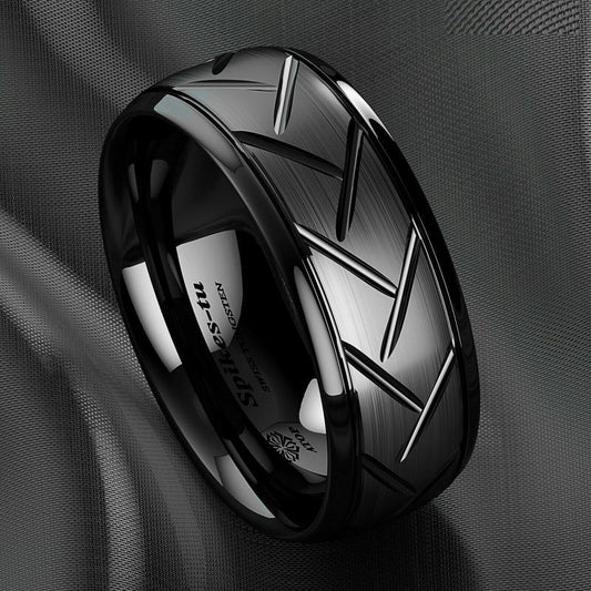 Dome Black Brushed Center Tungsten Ring 8mm