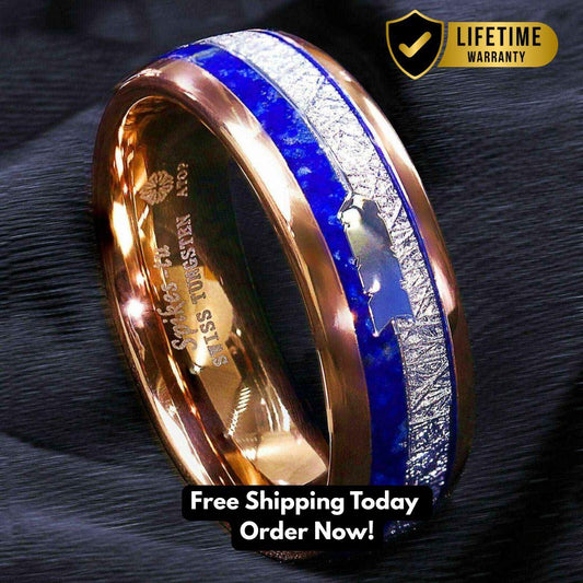 Rose Gold Lazurite Silver Tungsten Ring 8mm – men's tungsten carbide ring with lazurite inlay