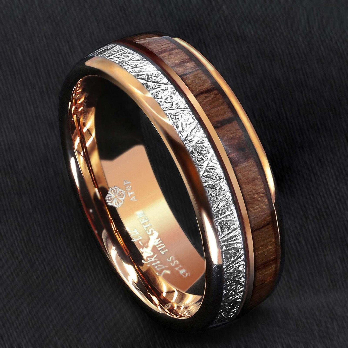 Rose Gold Silver Koa Tungsten Ring (8mm)