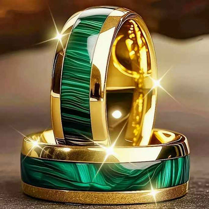 Mens Anniversary Wedding Dress Ring Gold Band with Marble Green Ladies Accessory