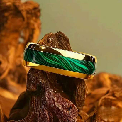 Mens Anniversary Wedding Dress Ring Gold Band with Marble Green Ladies Accessory