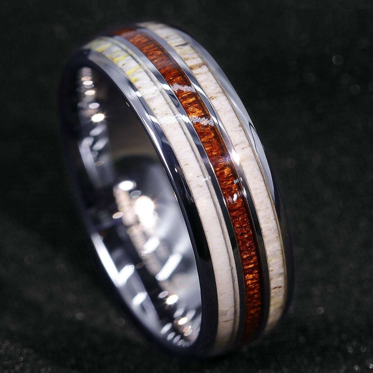 Silver Abalone Wood Shell Tungsten Ring 8mm