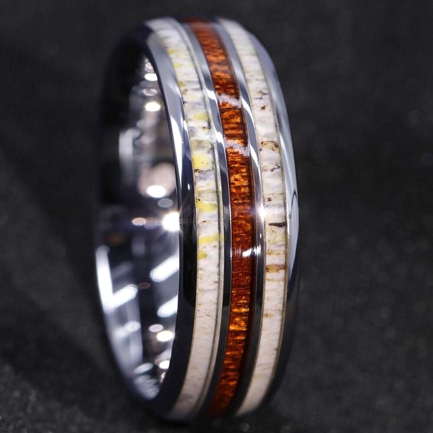 Silver Abalone Wood Shell Tungsten Ring 8mm