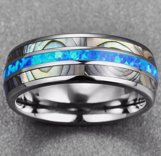 Silver Blue Opal Mens Titanium Ring