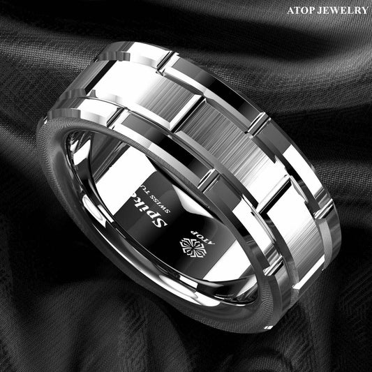 Silver Brick Pattern Tungsten Ring 8mm