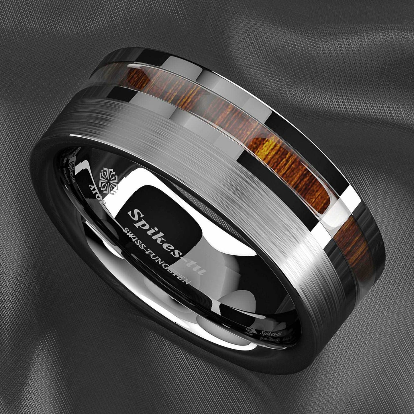 Silver Brushed Center Koa Wood Tungsten Ring 8mm