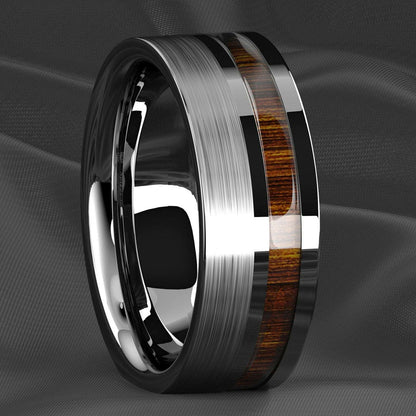 Silver Brushed Center Koa Wood Tungsten Ring 8mm - Mens Rings Australia