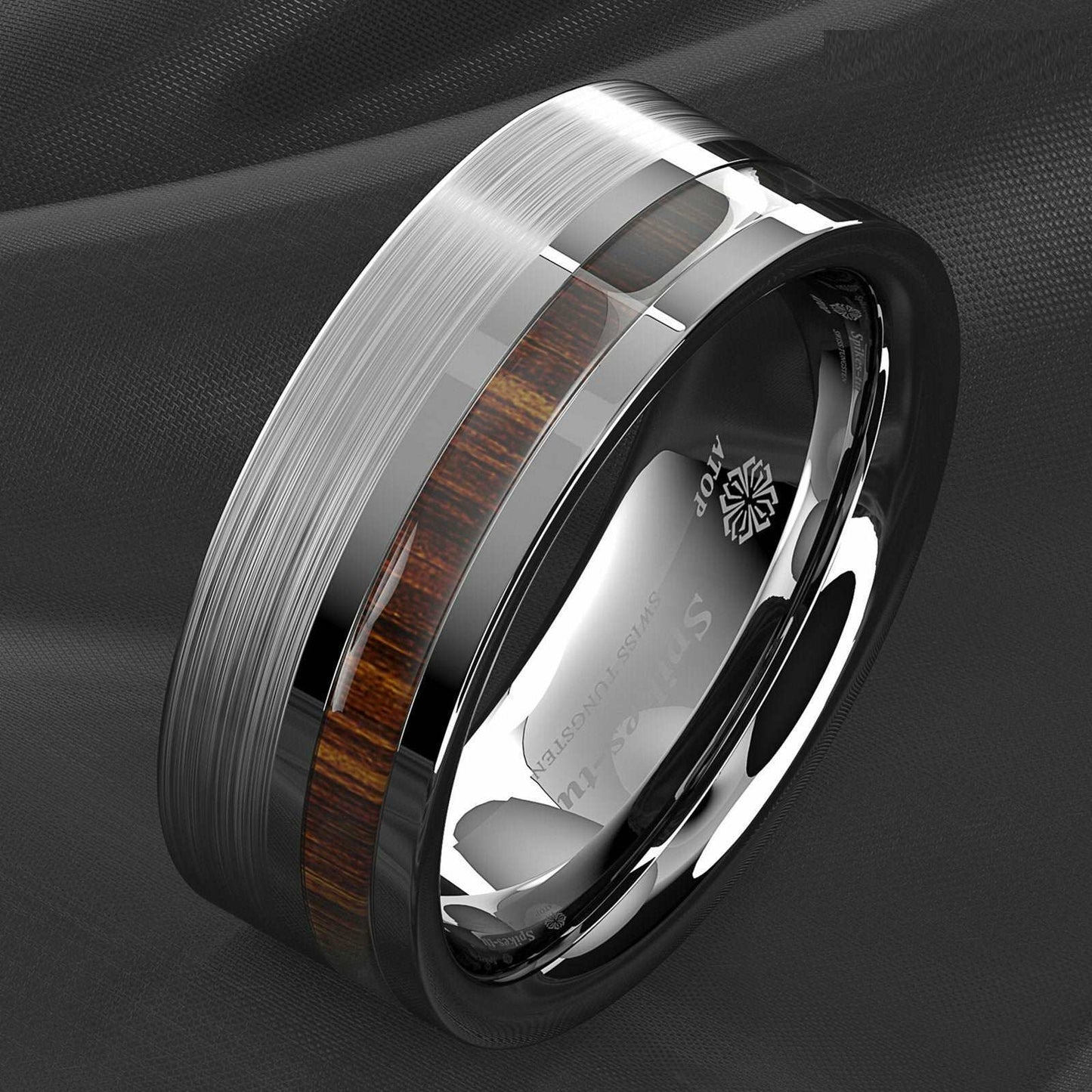 Silver Brushed Center Koa Wood Tungsten Ring 8mm - Mens Rings Australia