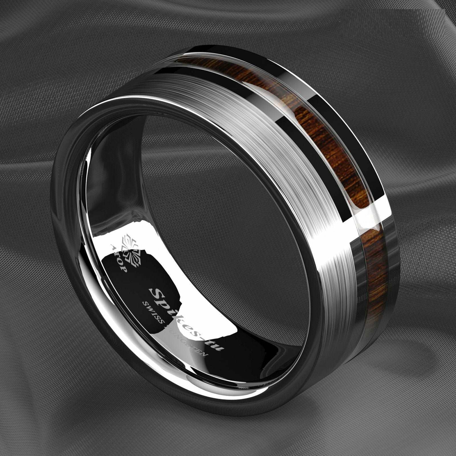 Silver Brushed Center Koa Wood Tungsten Ring 8mm