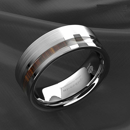 Silver Brushed Center Koa Wood Tungsten Ring 8mm