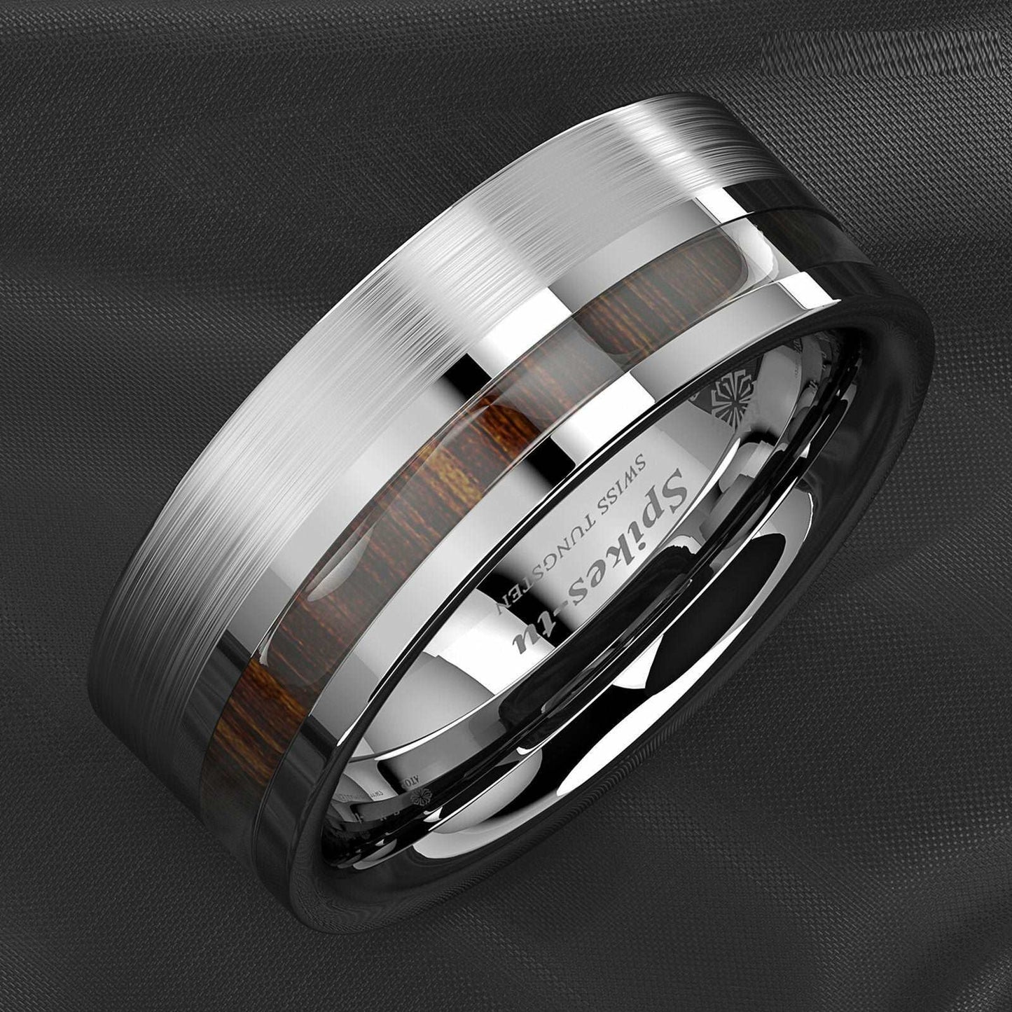 Silver Brushed Center Koa Wood Tungsten Ring 8mm - Mens Rings Australia