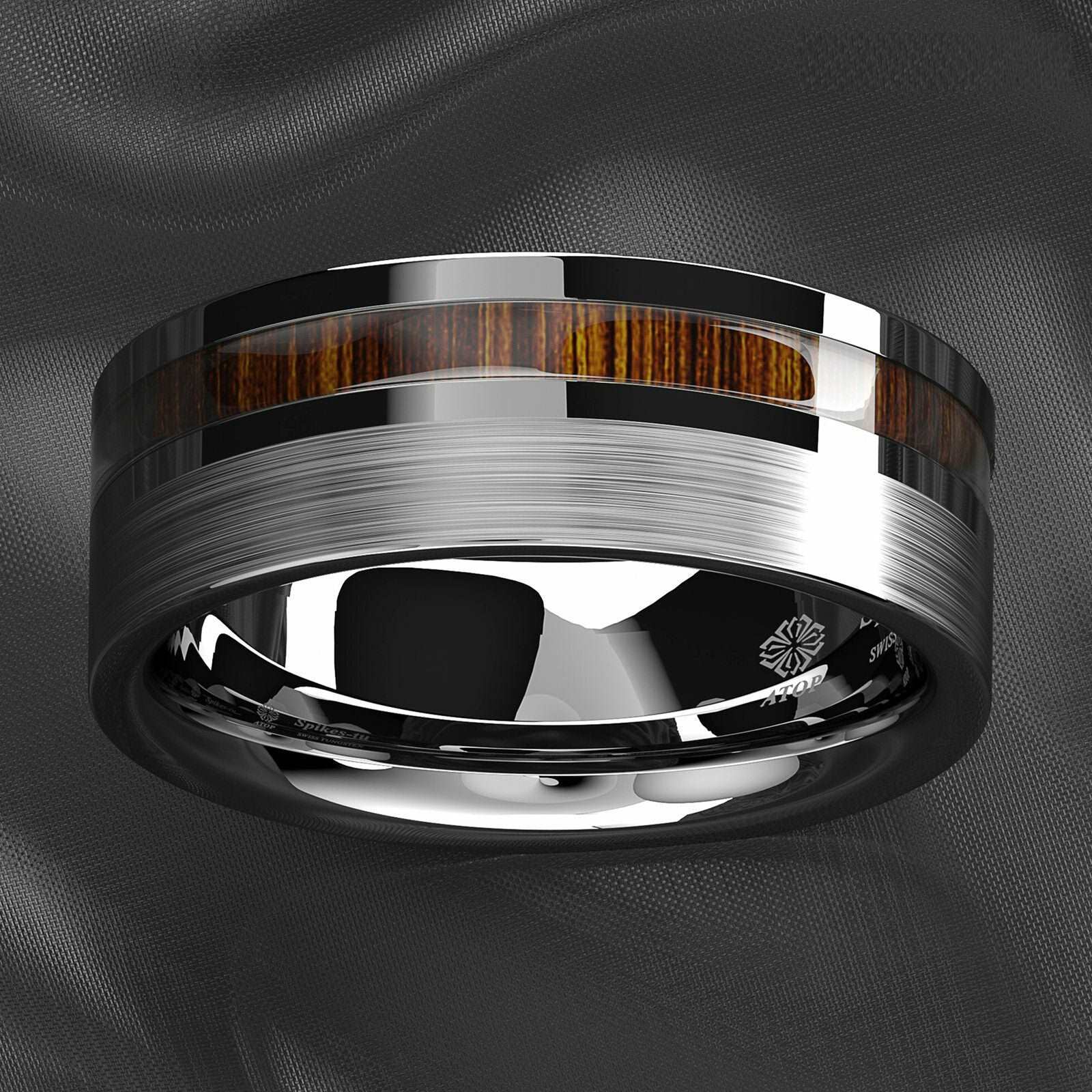 Silver Brushed Center Koa Wood Tungsten Ring 8mm - Mens Rings Australia