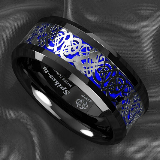 Silver Blue Celtic Dragon Tungsten Ring 8mm - Mens Rings Australia